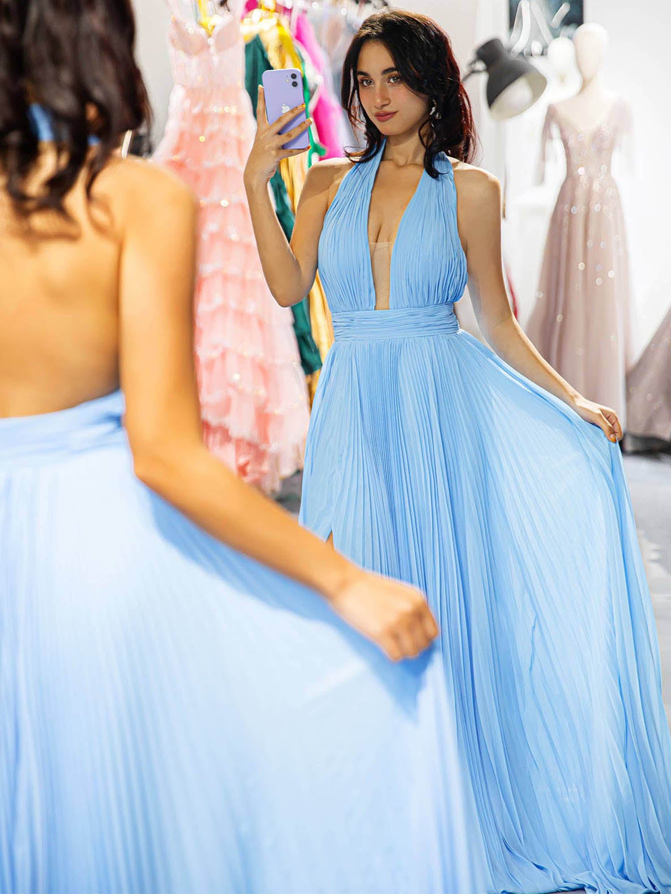 Light Blue Backless Prom Dress-LLELLA