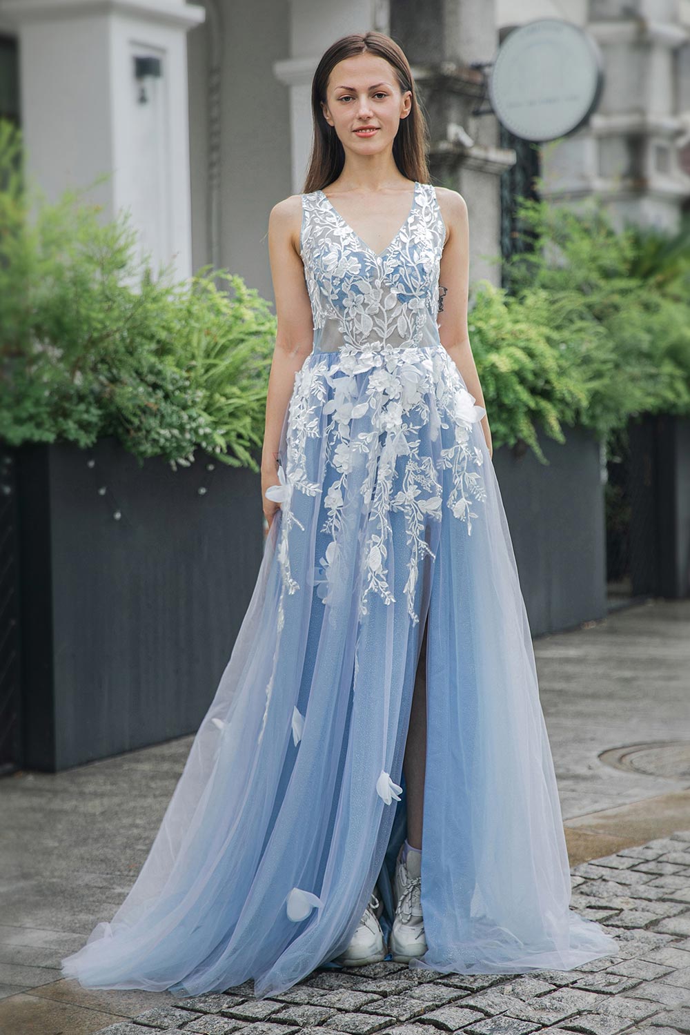 Blue Appliques V-neck Tulle Prom Dress with Slit-LLELLA