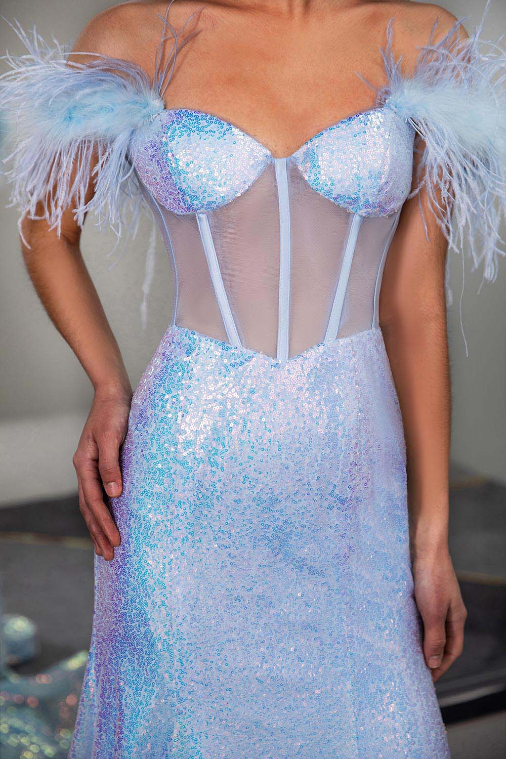 Light Blue Sequin Corset Prom Dress with Feathers-LLELLA