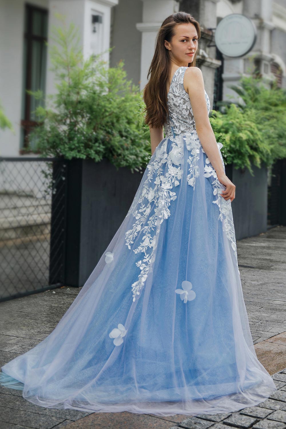 Blue Appliques V-neck Tulle Prom Dress with Slit-LLELLA