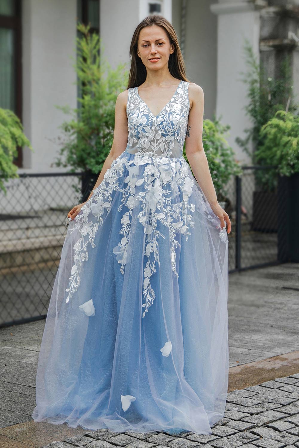 Blue Appliques V-neck Tulle Prom Dress with Slit-LLELLA