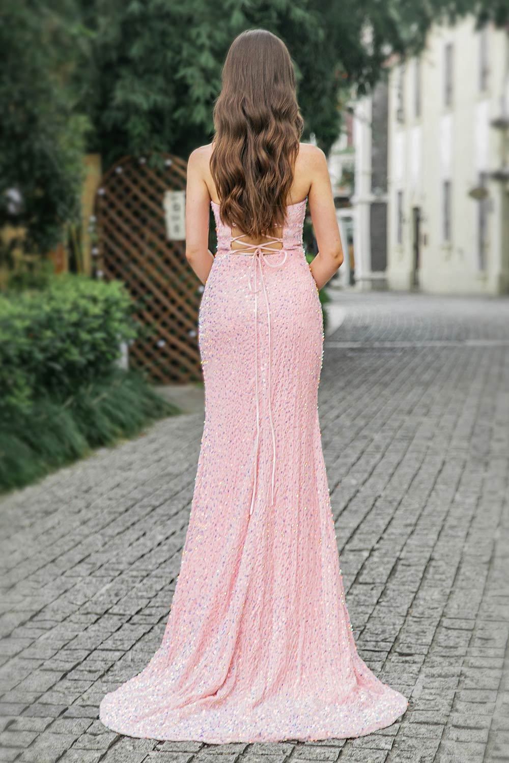 Pink Sequin High Slit Prom Dress-LLELLA