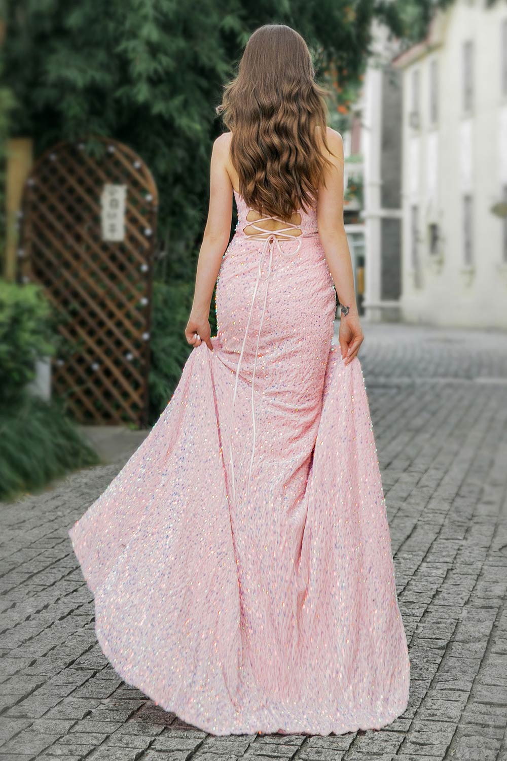 Pink Sequin High Slit Prom Dress-LLELLA
