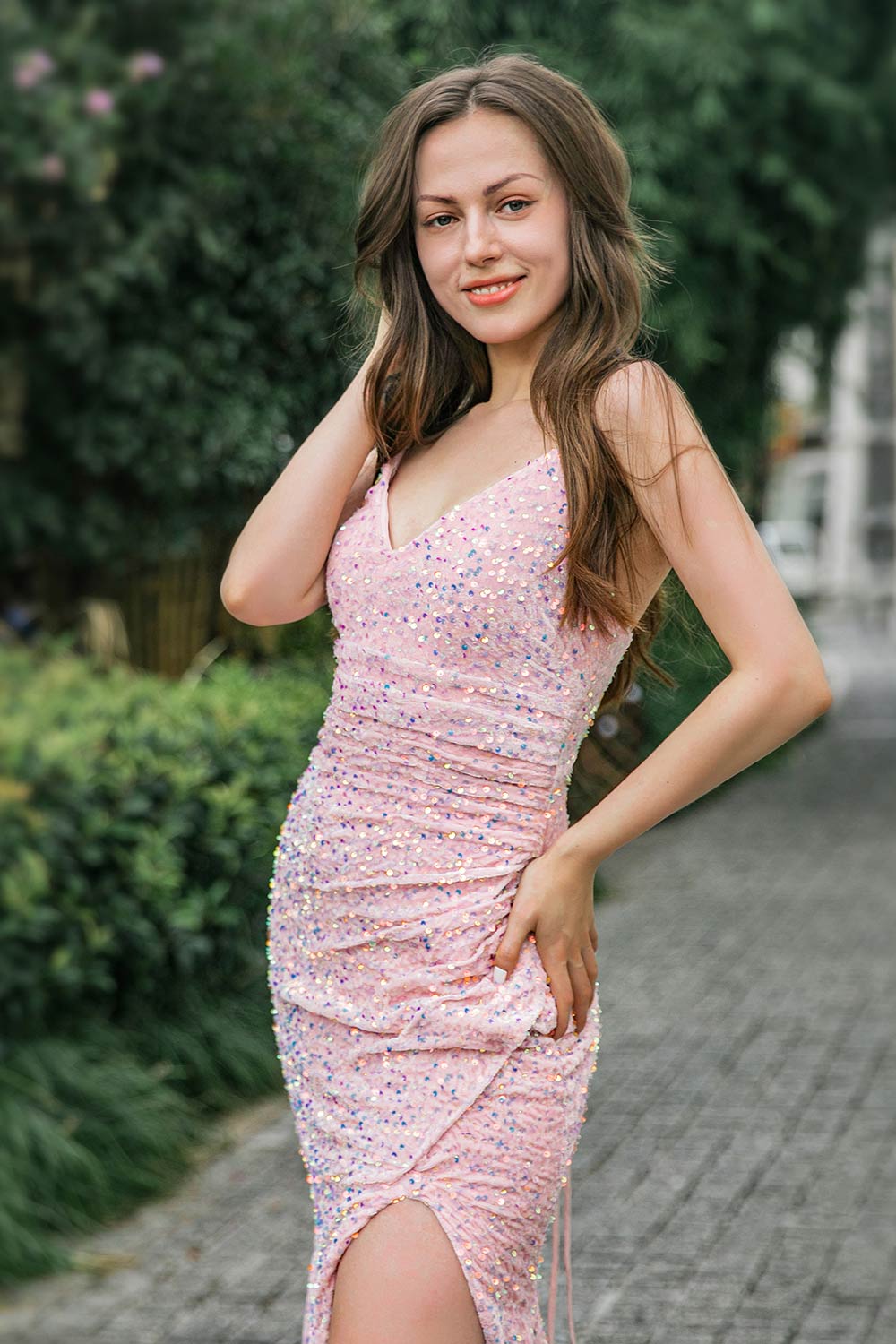 Pink Sequin High Slit Prom Dress-LLELLA