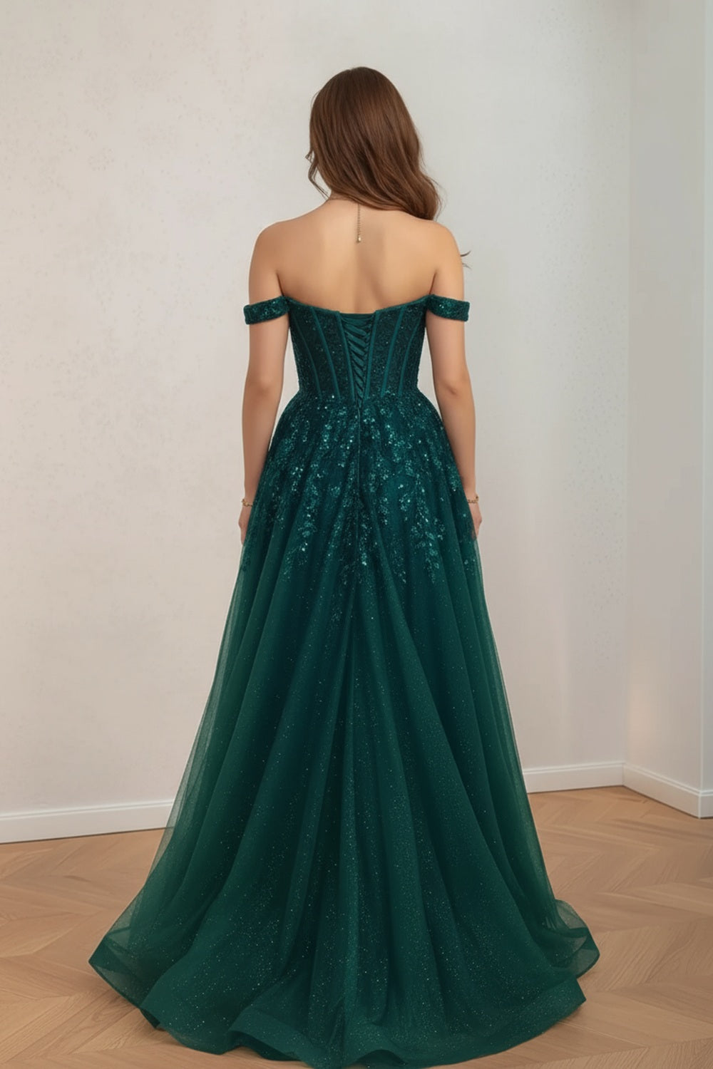 Dark Green Corset Bodice Appliques Prom Dress-LLELLA