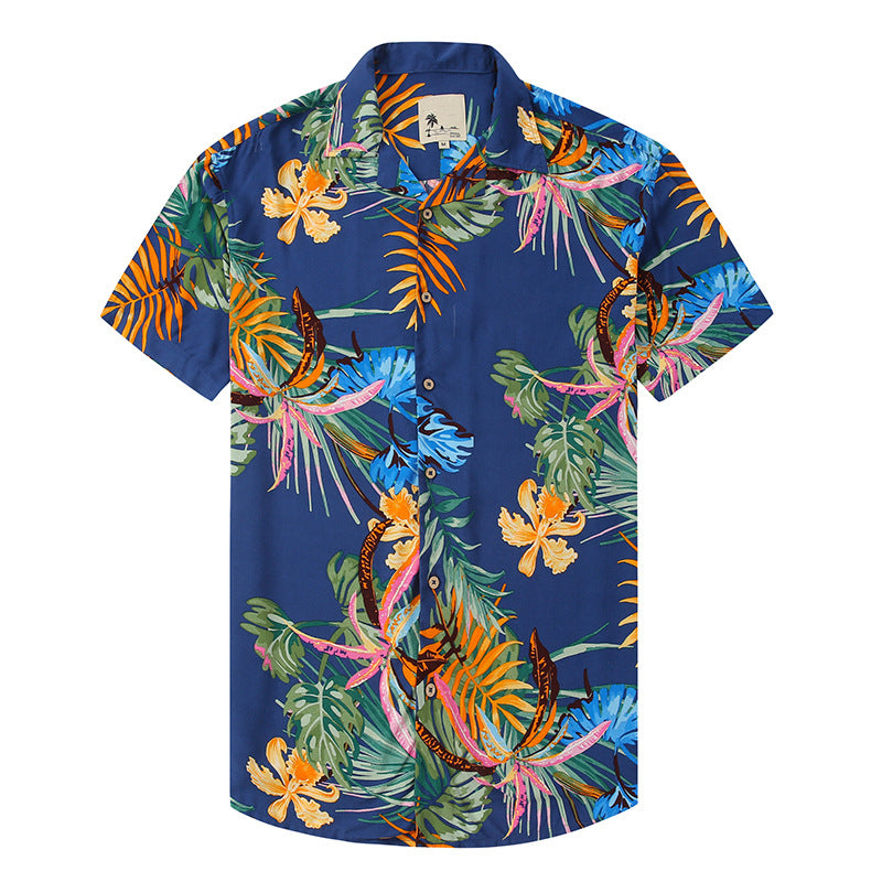 Men's Casual Lapel Print Shirt Navy Blue