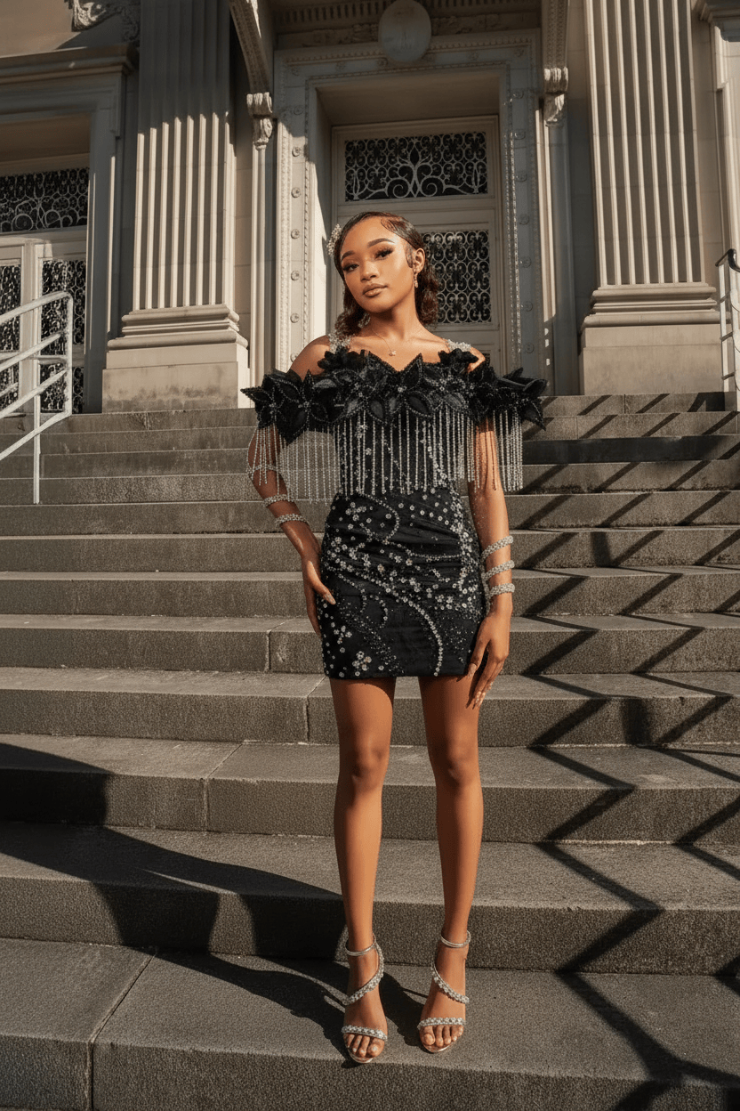 Electric Tangerine Off-Shoulder Crystal Fringe Short Homecoming Dress with 3D Floral Details
