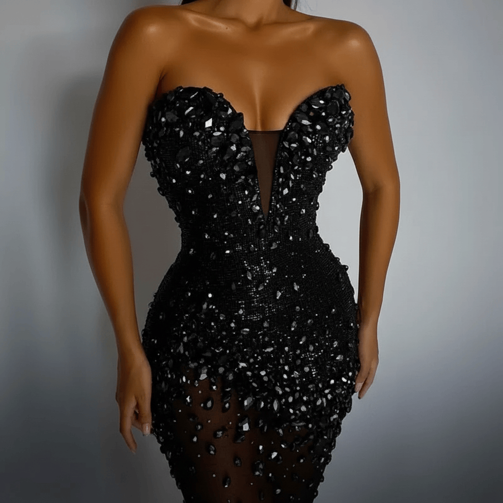 Silver Gemstone Encrusted Deep V Strapless Mini Party Dress | Homecoming Dress