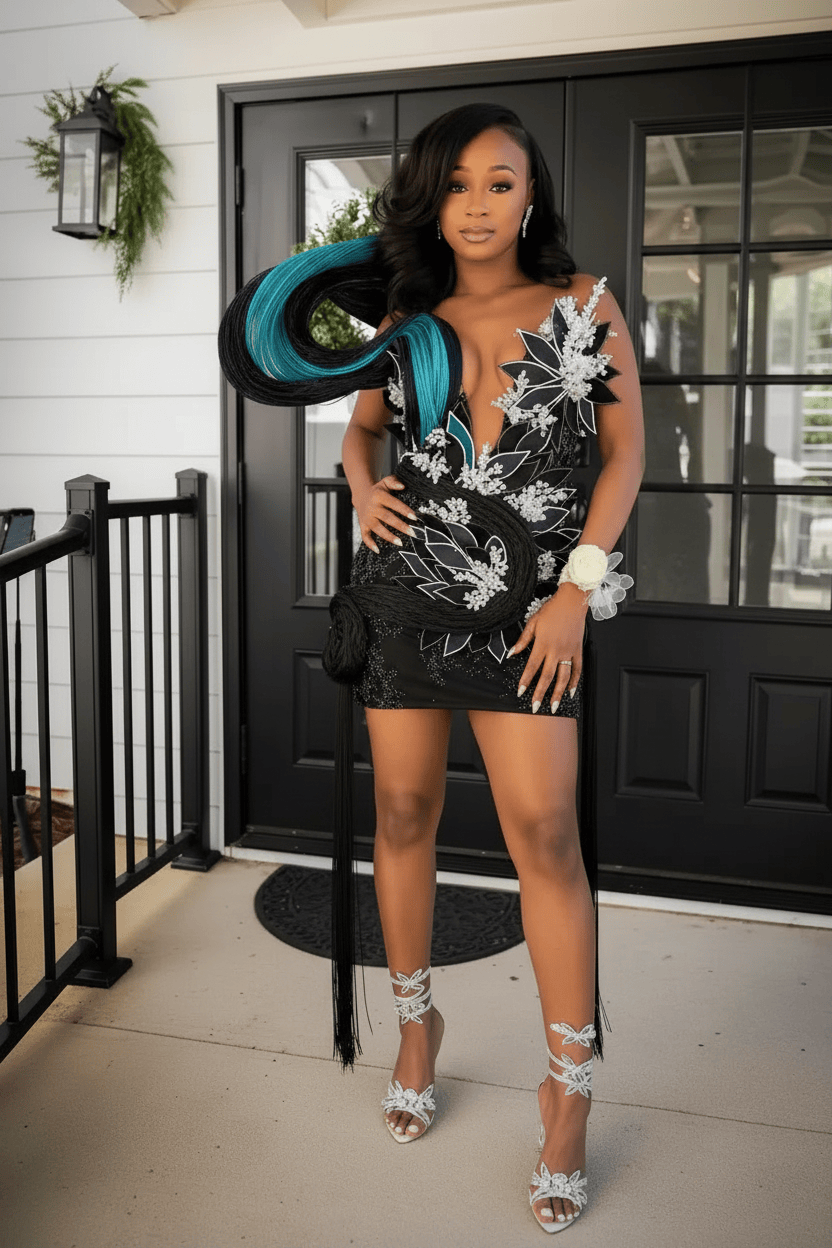 Navy Blue Deep V-Neck 3D Peacock Sculptural Mini Homecoming Dress | Short Party Dress HC066
