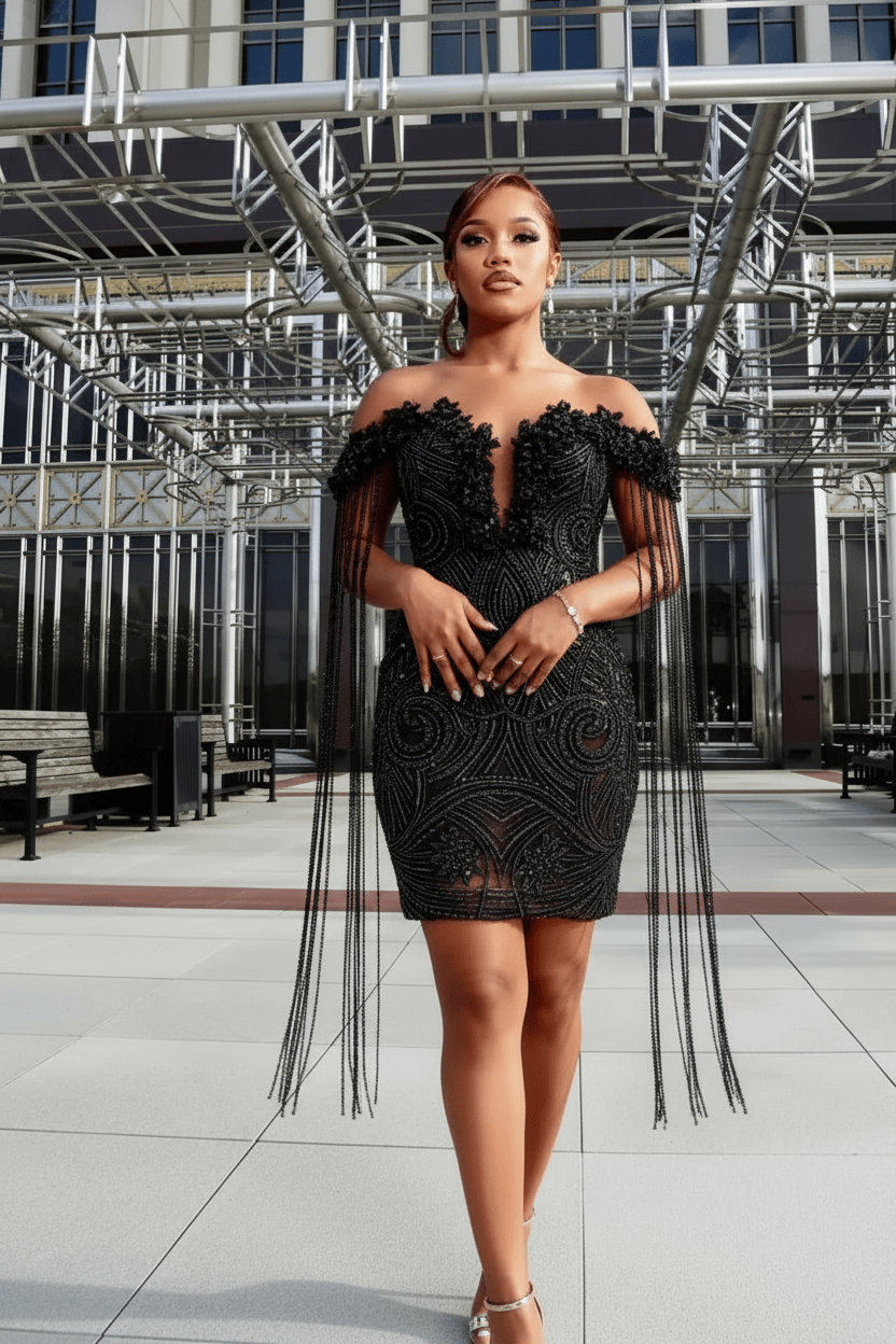 Champagne Gold Art Deco Crystal Beaded Off-Shoulder Mini Homecoming Dress with Crystal Fringe | Short Party Dress HC055