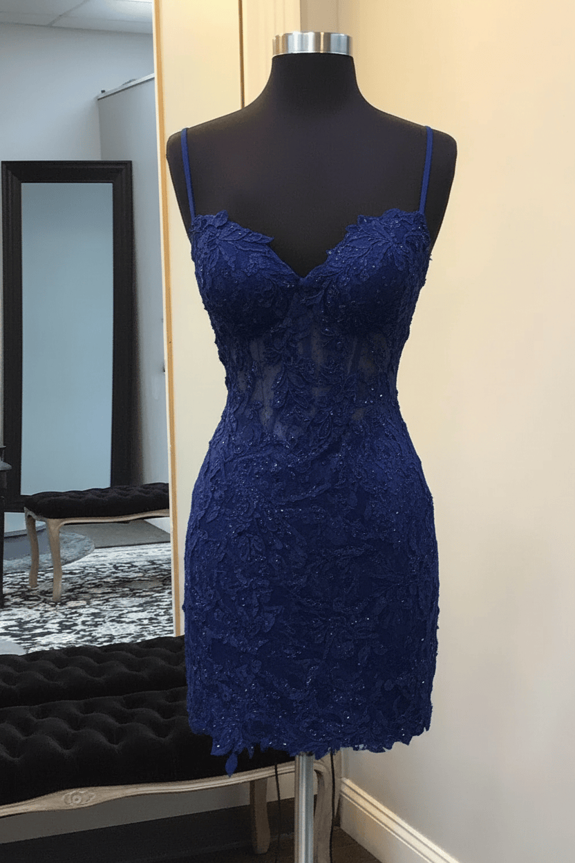 Black Spaghetti Straps Bodycon Corset Short Homecoming Dress with Appliques