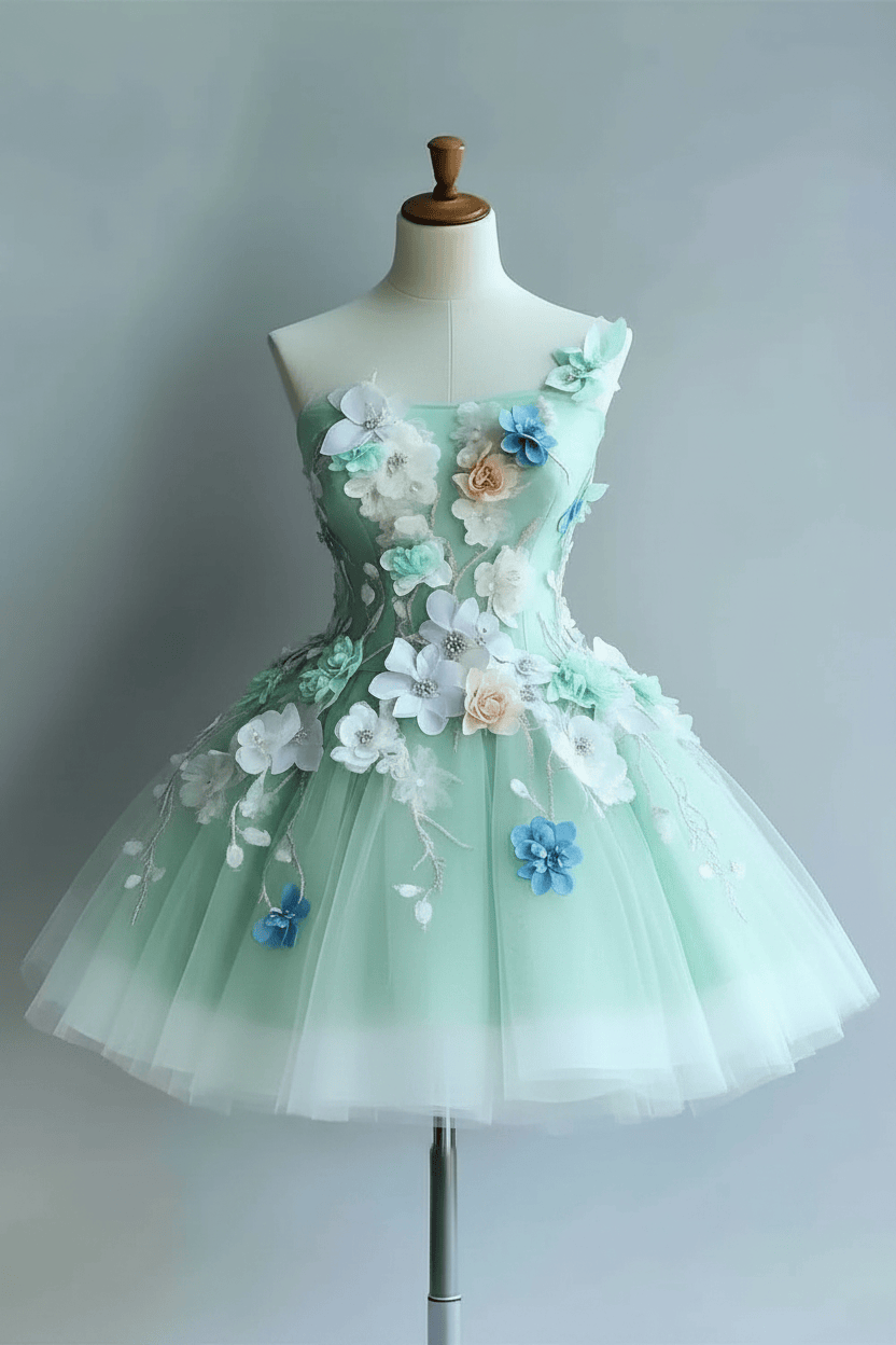 Strapless Tulle Flowers Homecoming Dress