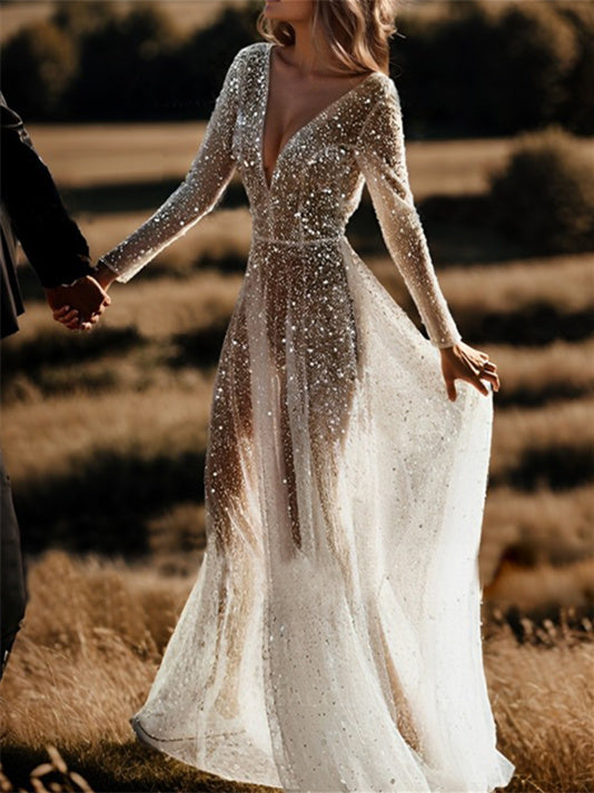 A-Line/Princess V-Neck Long Sleeves Sequins Wedding Dress Ivory