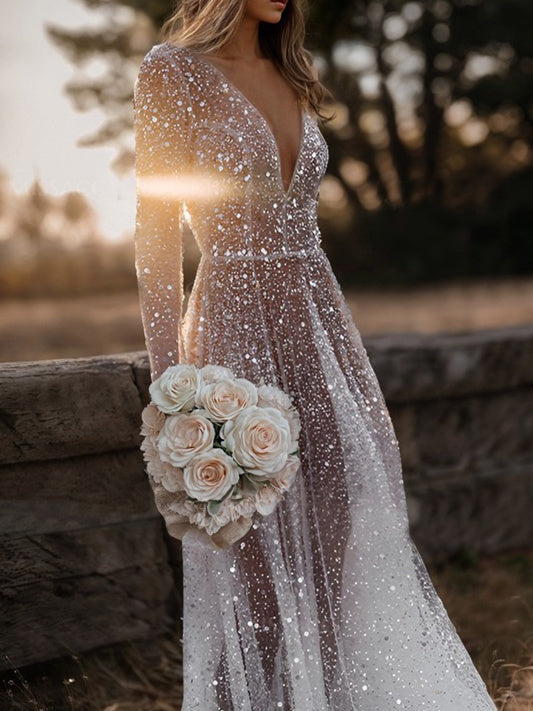A-Line/Princess V-Neck Long Sleeves Sequins Wedding Dress Gray