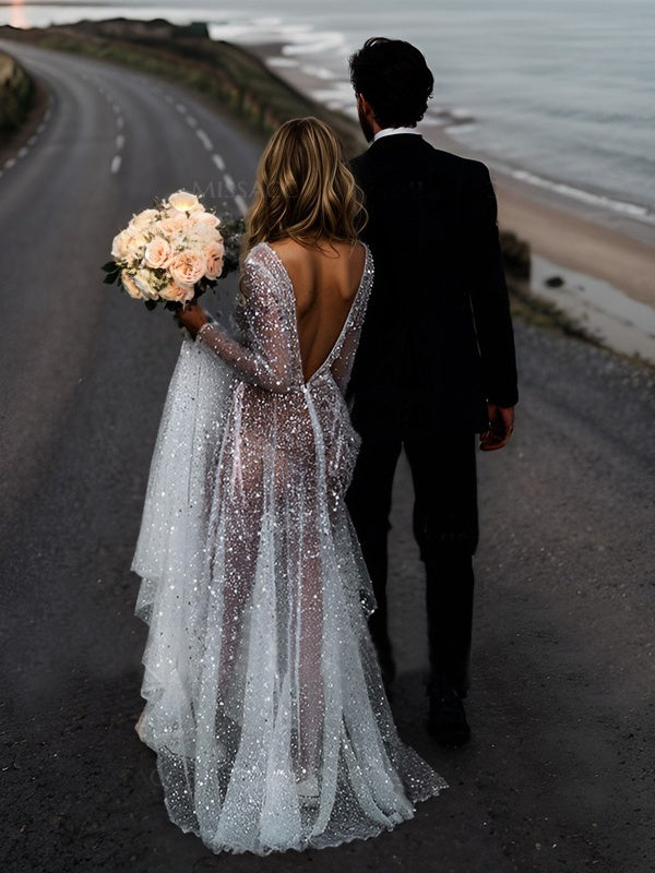 A-Line/Princess V-Neck Long Sleeves Sequins Wedding Dress Dusty Rose