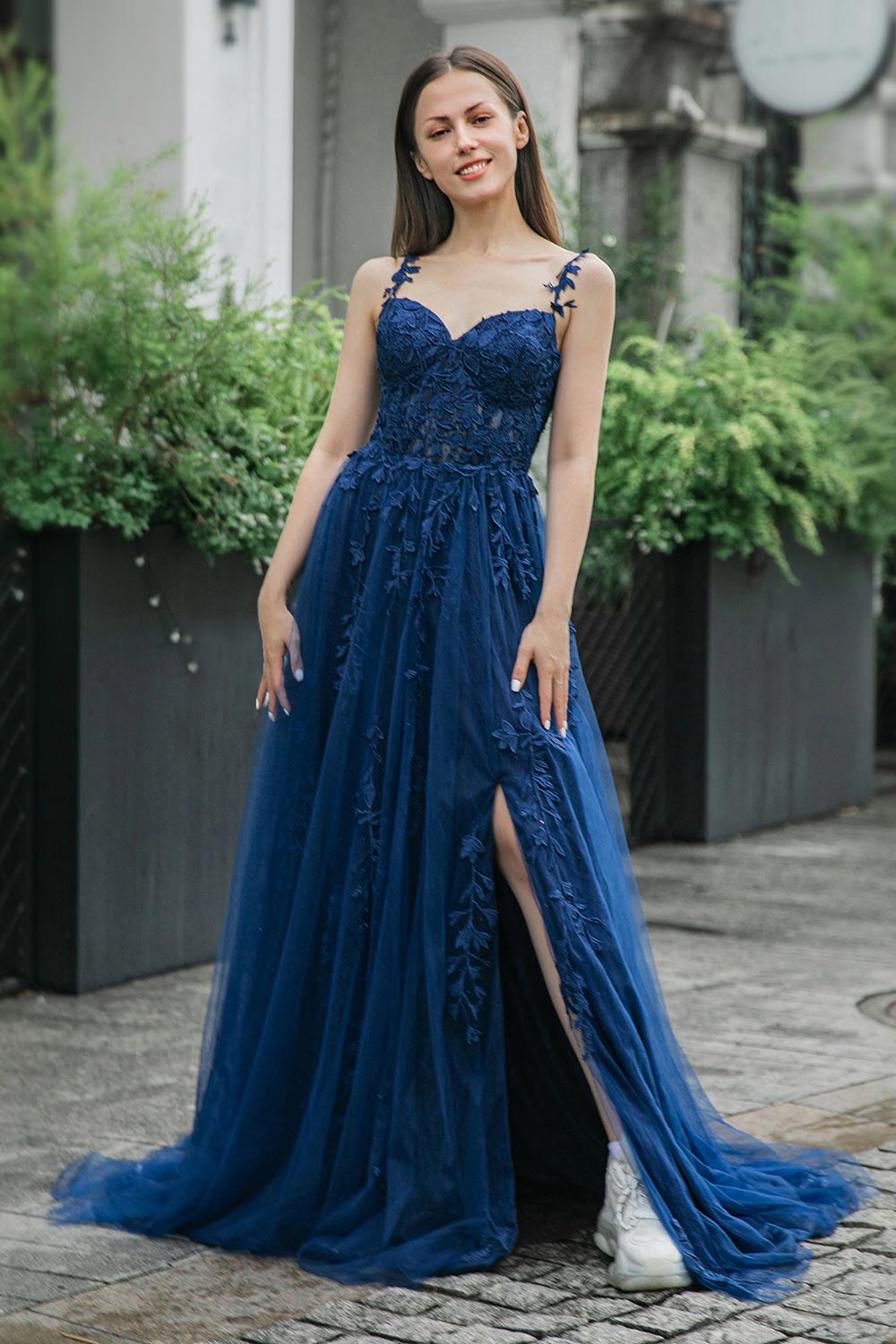 A-line Tulle Appliques Prom Dress with Split-LLELLA