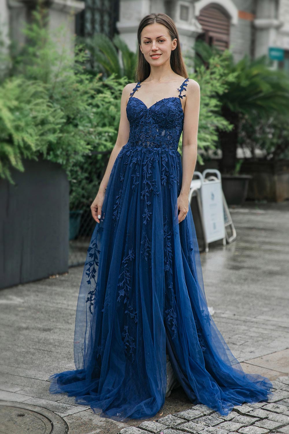 A-line Tulle Appliques Prom Dress with Split-LLELLA