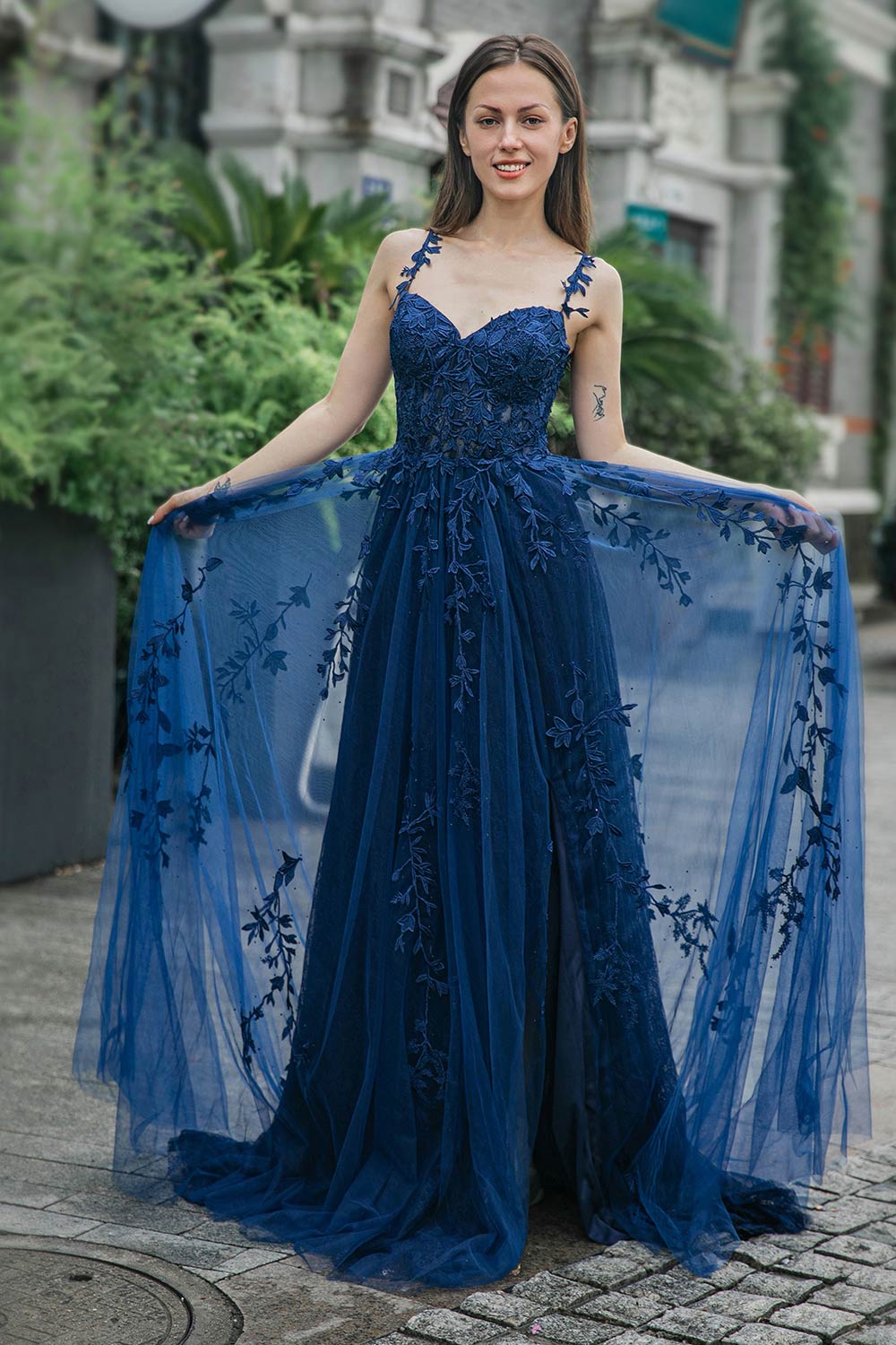 A-line Tulle Appliques Prom Dress with Split-LLELLA