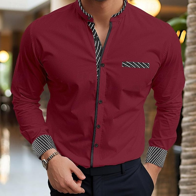 Men's Casual Cotton Blend Long Sleeves Stripes Shirt Burgundy