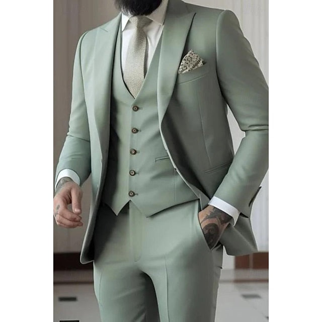 Men's Tailored Fit Single Breasted One-button 3 Pieces Wedding Suits Sage