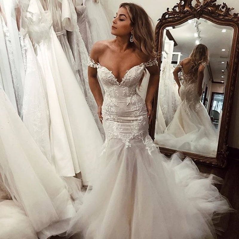 Off the Shoulder Pretty Mermaid Lace Long Tulle Elegant Wedding Dresses-LLELLA