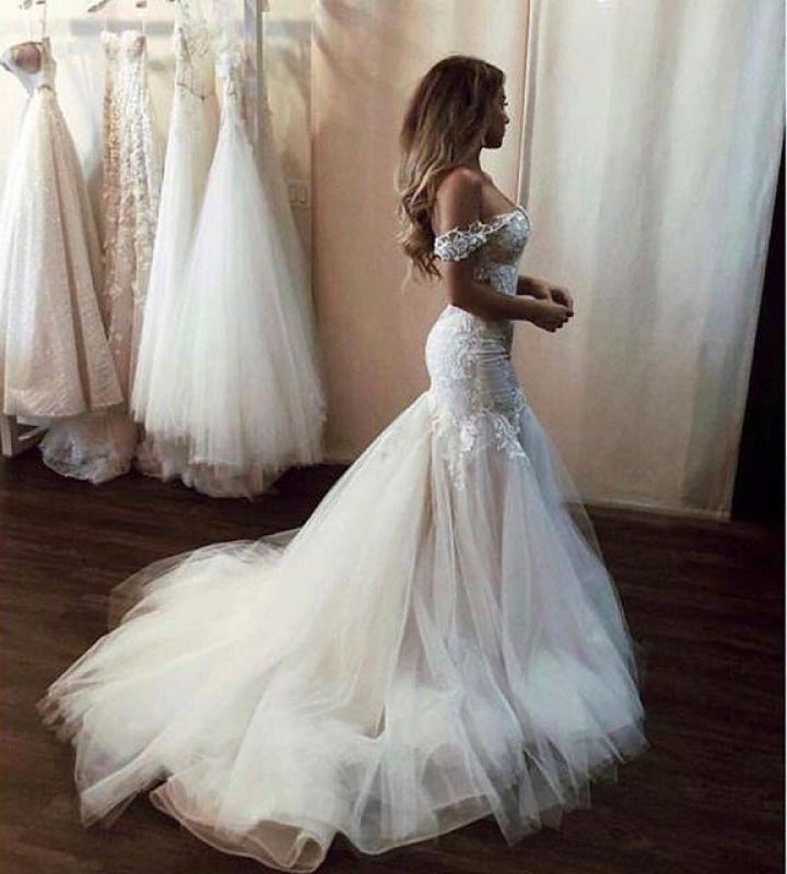 Off the Shoulder Pretty Mermaid Lace Long Tulle Elegant Wedding Dresses-LLELLA