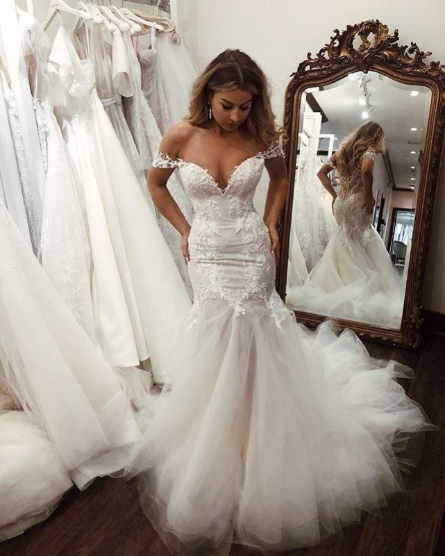 Off the Shoulder Pretty Mermaid Lace Long Tulle Elegant Wedding Dresses-LLELLA