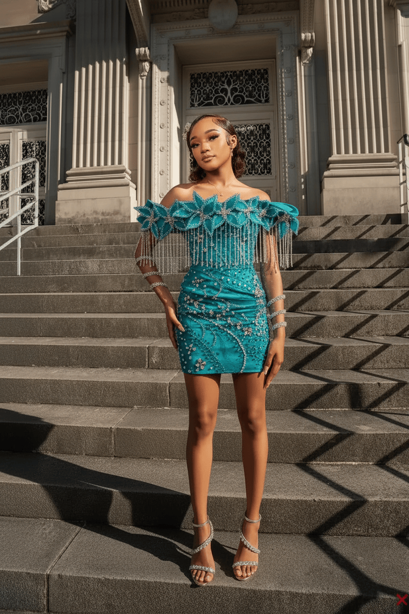Electric Tangerine Off-Shoulder Crystal Fringe Short Homecoming Dress with 3D Floral Details