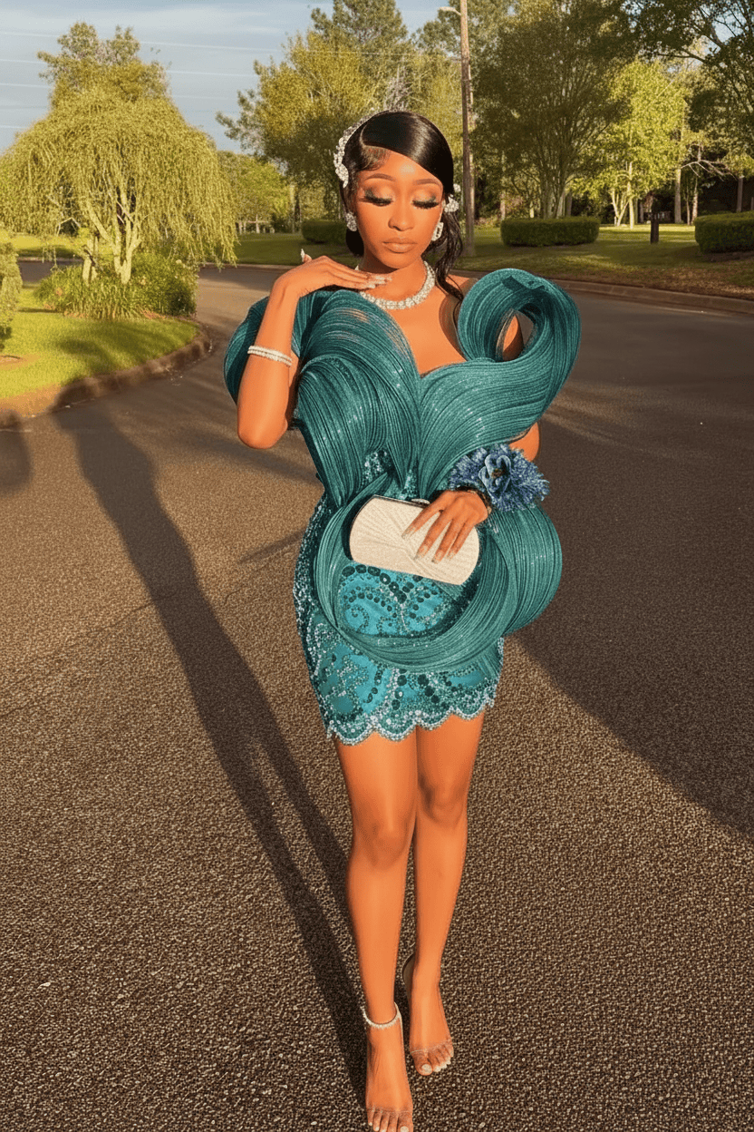 Royal Blue Sequin Beaded Sculptural Off-Shoulder Mini Party Dress - Homecoming Mini Dress