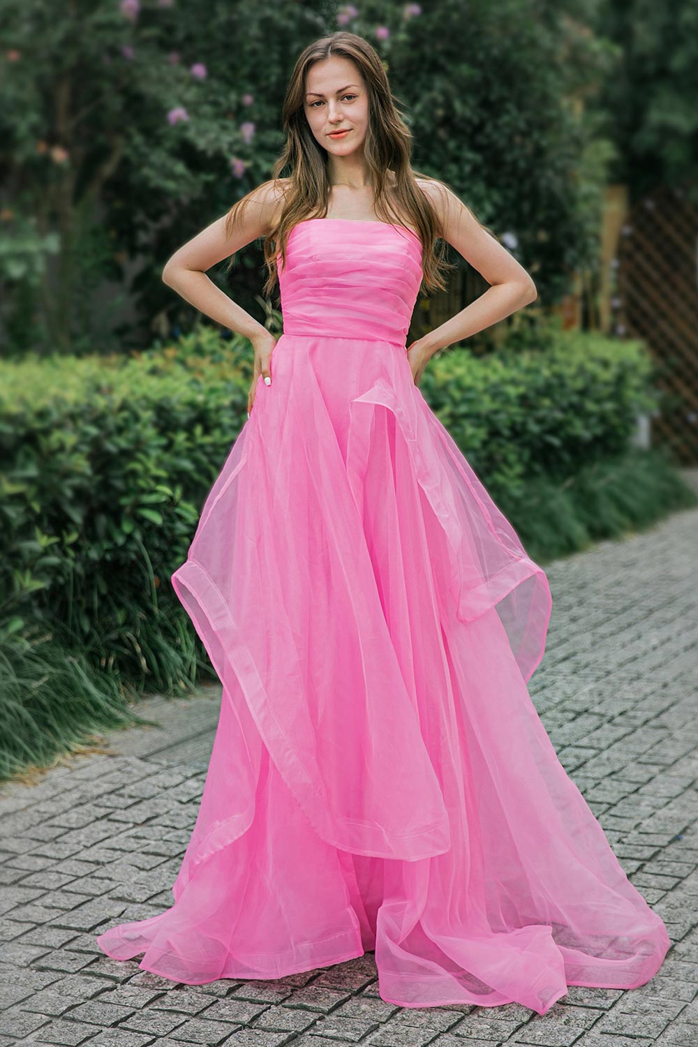 Strapless Long Pink Prom Dress-LLELLA