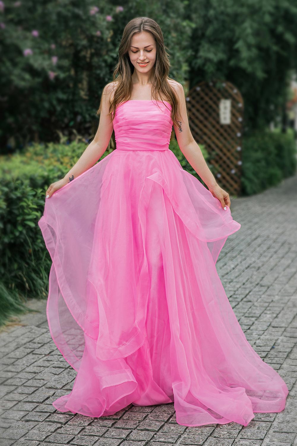 Strapless Long Pink Prom Dress-LLELLA