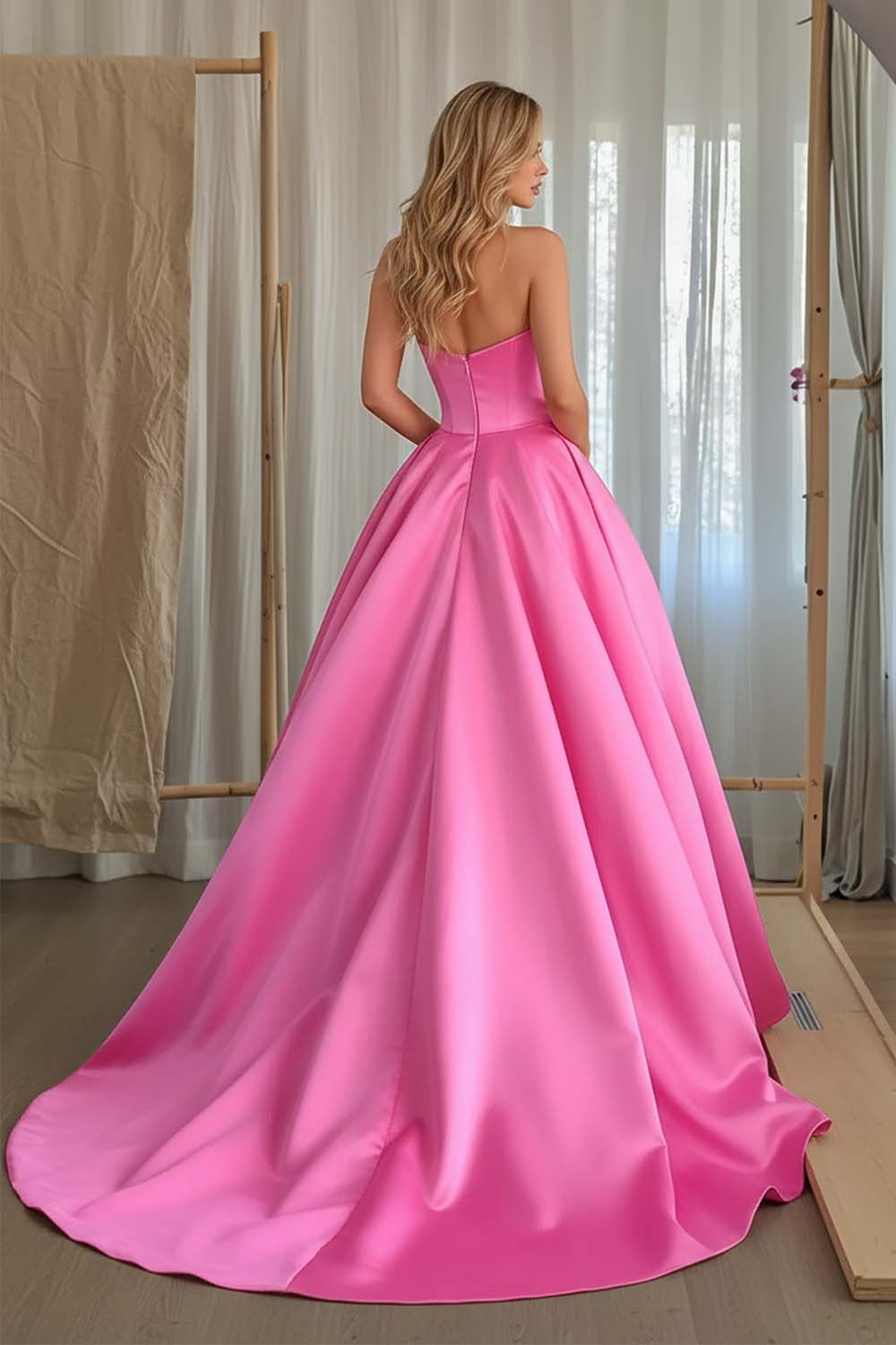 Strapless Hot Pink Prom Dress with 3D Appliques-LLELLA
