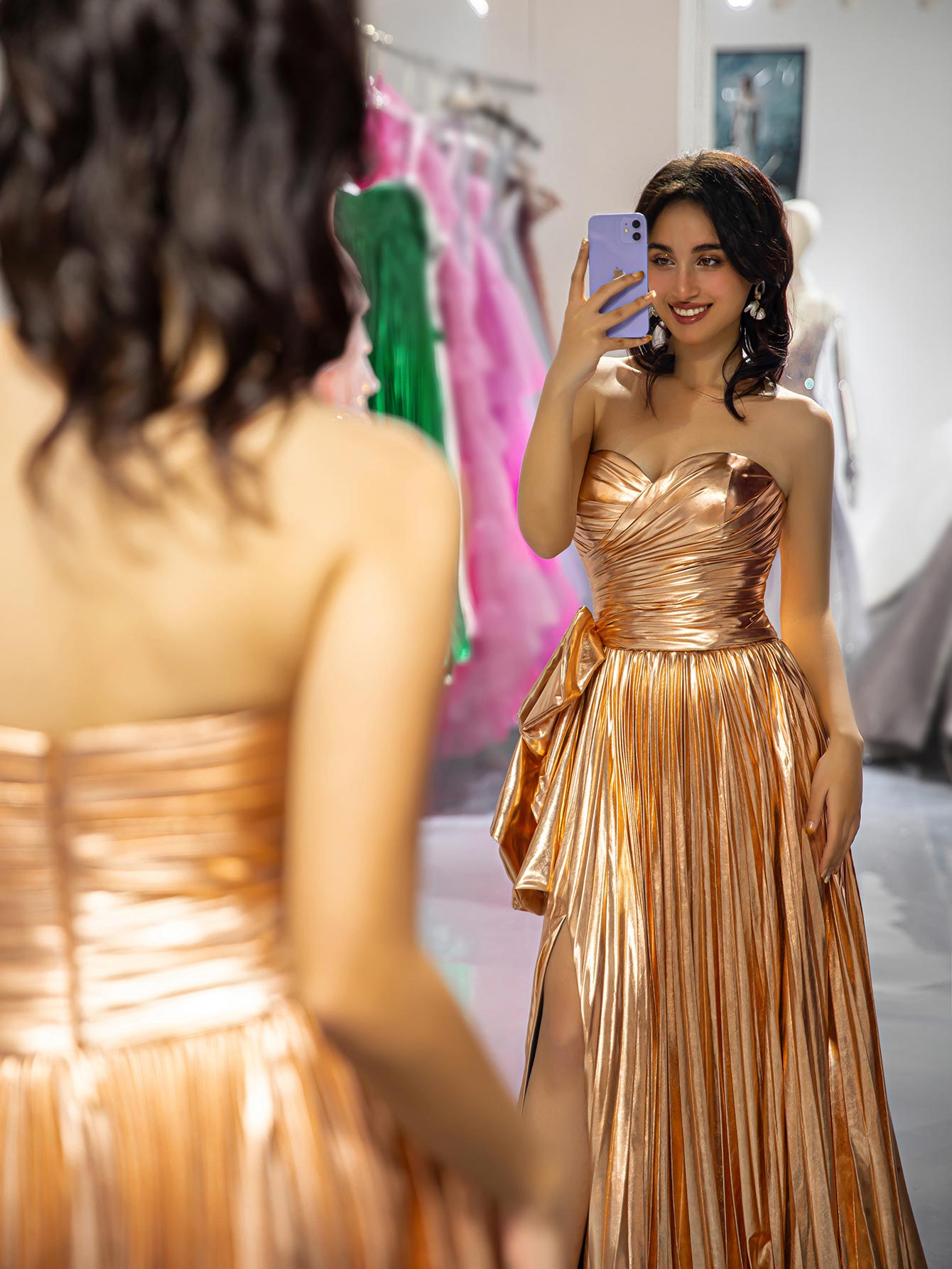 Metallic Pleated Slit Prom Dress-LLELLA