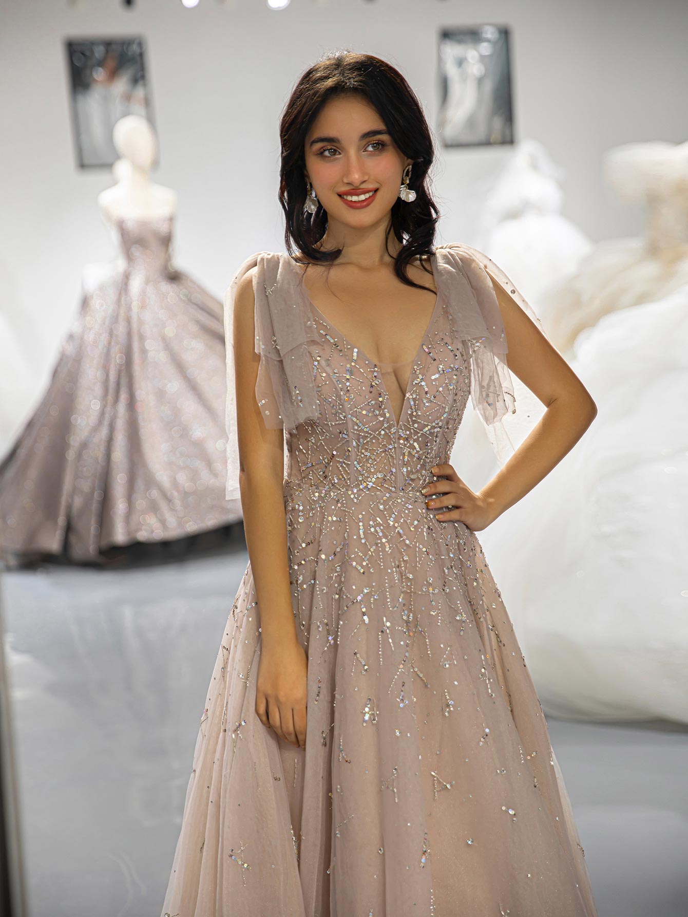 Champagne Beaded Prom Dress with Tulle Bows-LLELLA