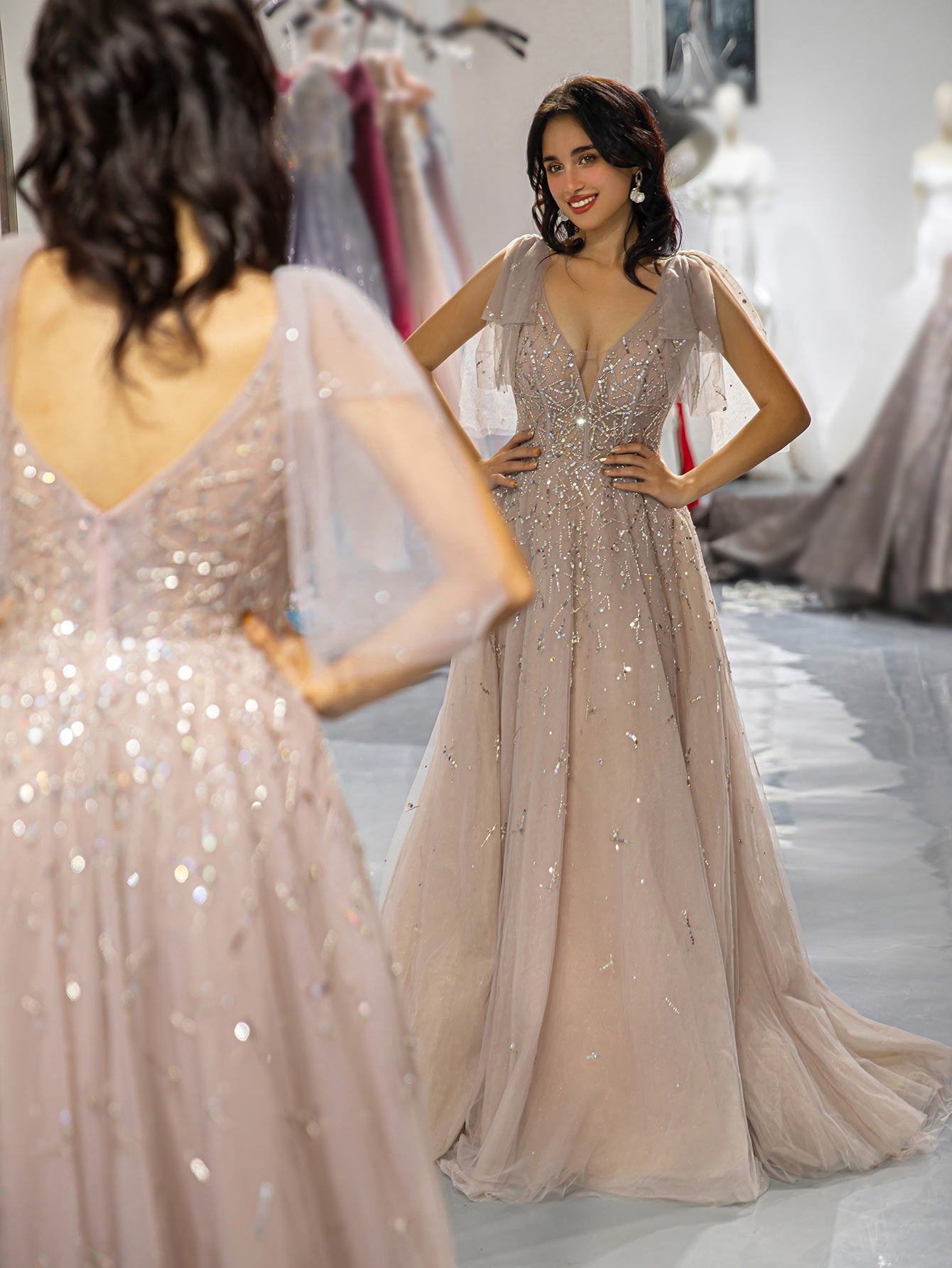 Champagne Beaded Prom Dress with Tulle Bows-LLELLA