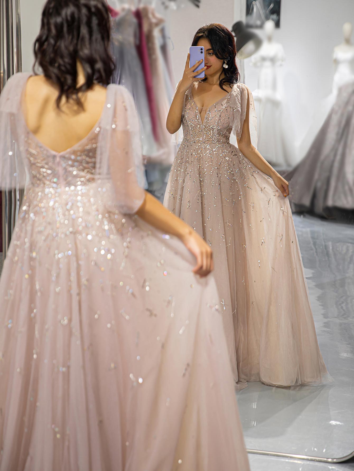Champagne Beaded Prom Dress with Tulle Bows-LLELLA