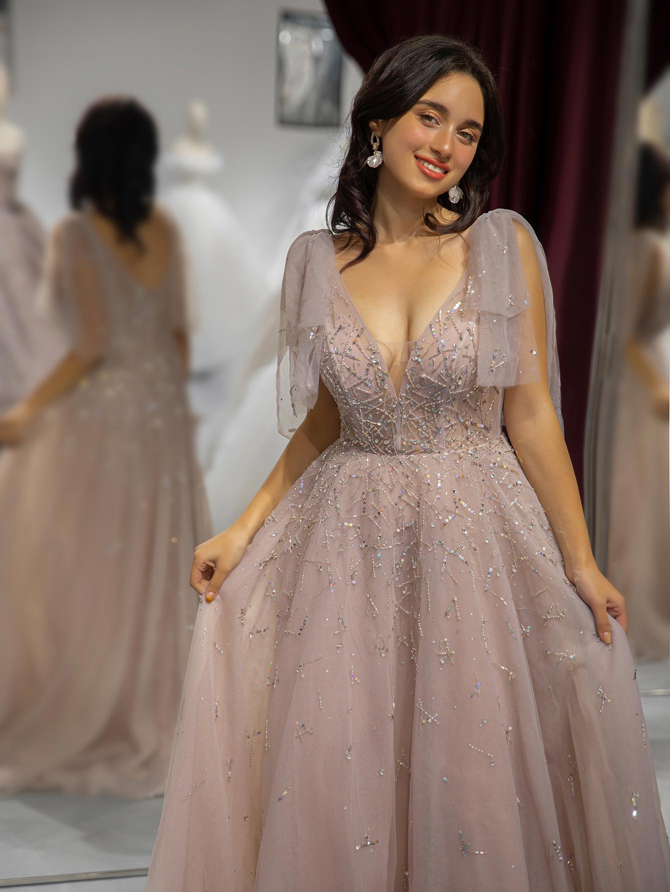 Champagne Beaded Prom Dress with Tulle Bows-LLELLA