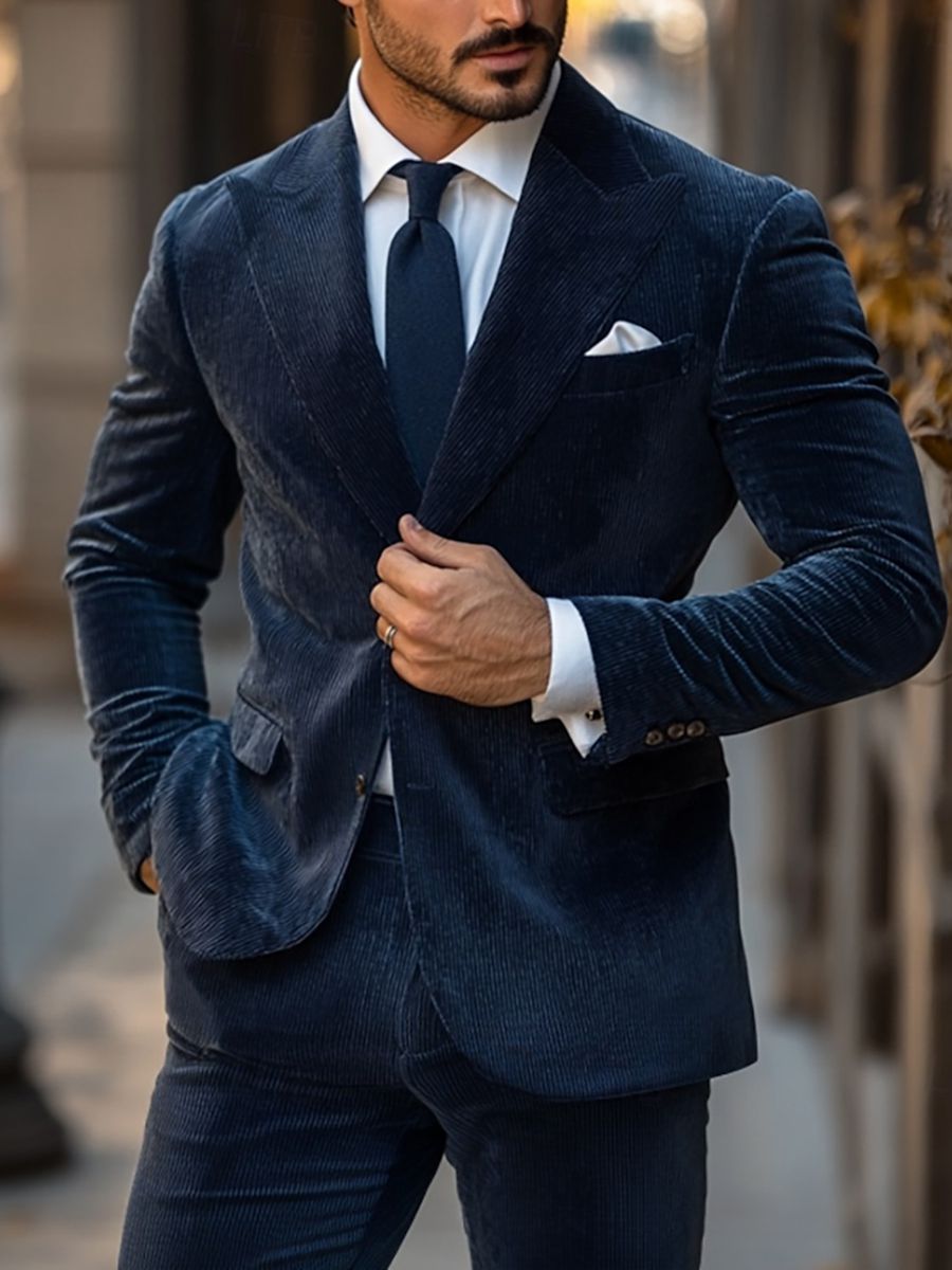 Navy Blue Men's Corduroy Solid Standard Single Breasted Two-buttons Party Suits Jacket As Pic