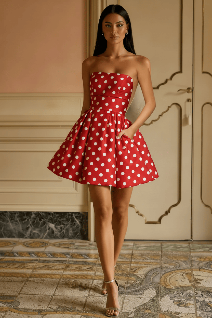 White Black Polka Dot Strapless Open Back Pocket Ball Gown Short Homecoming Dress