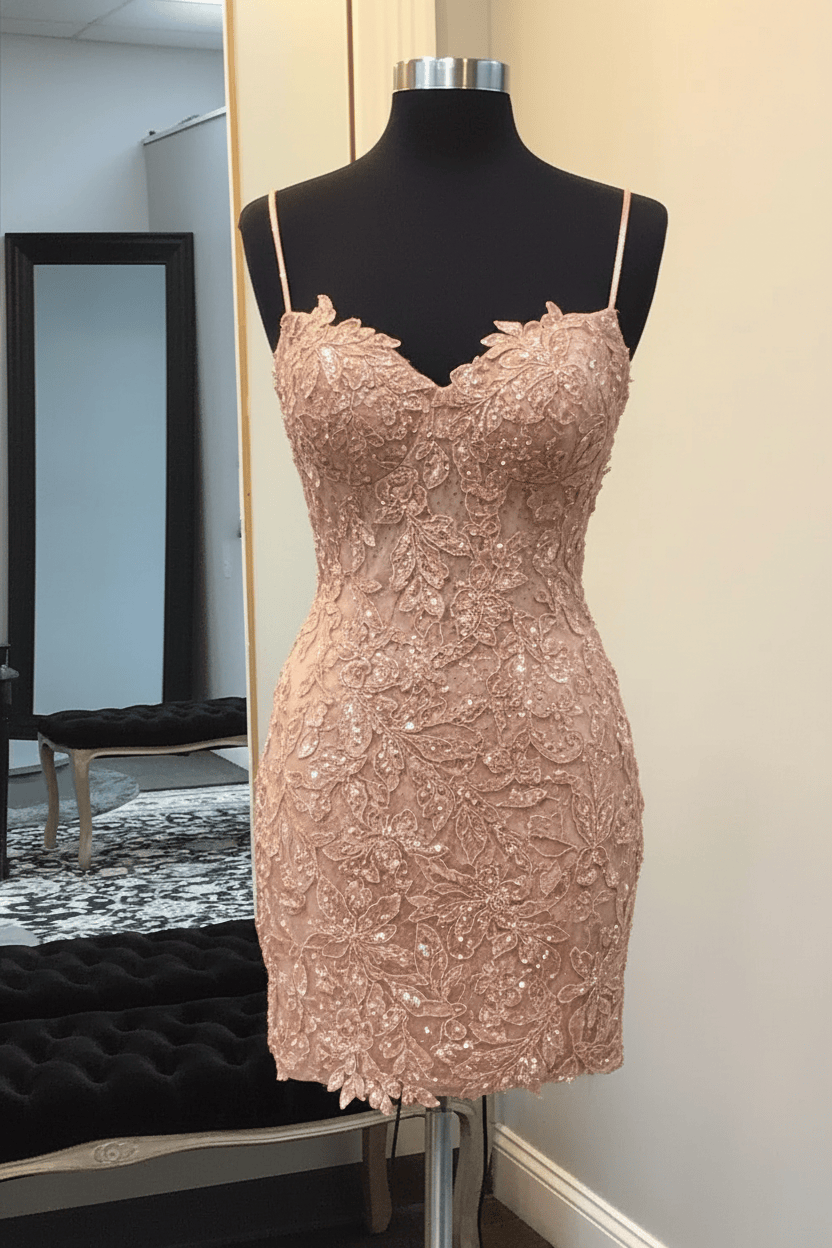Black Spaghetti Straps Bodycon Corset Short Homecoming Dress with Appliques