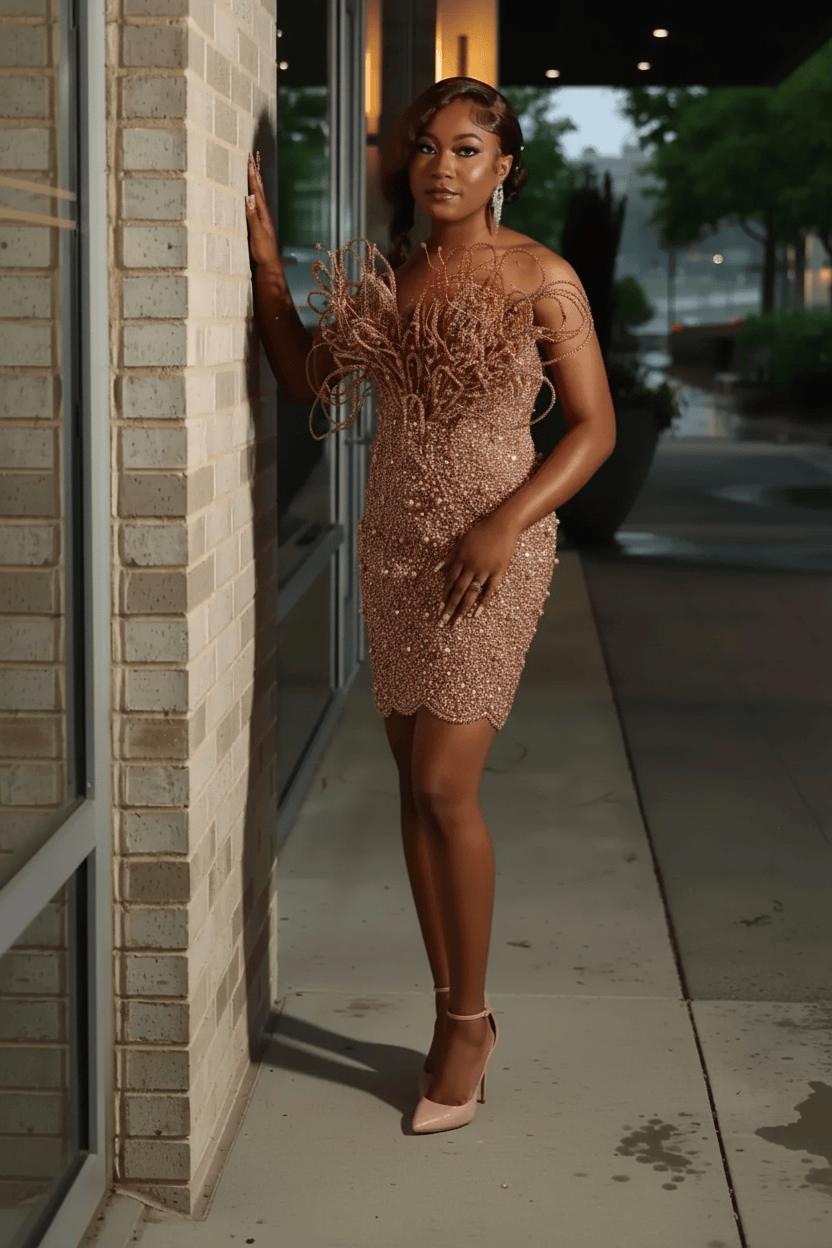 Burnt Orange Red Crystal Beaded Off-Shoulder Homecoming Mini Party Dress with Sculptural Floral Detail