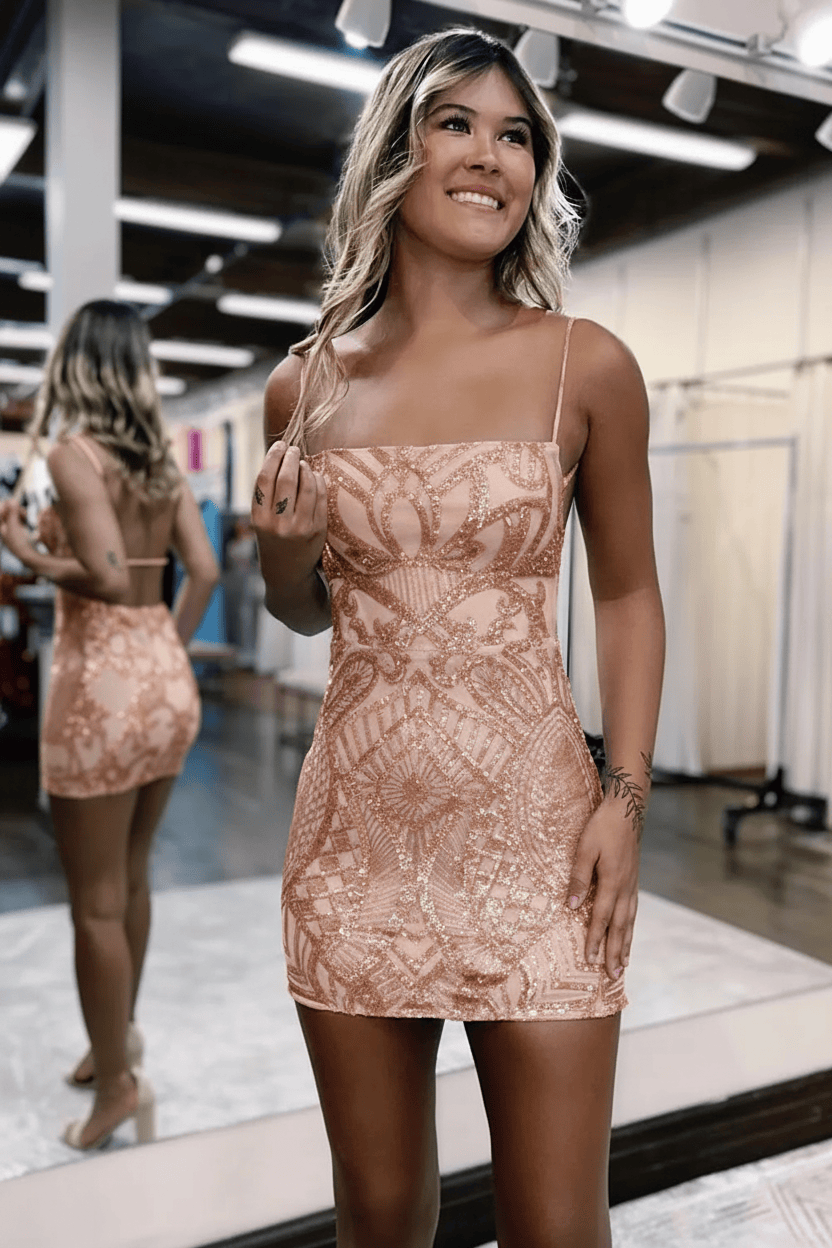 Sheath Spaghetti Straps Purple Sequins Short Homecoming Dress with Criss Cross Back