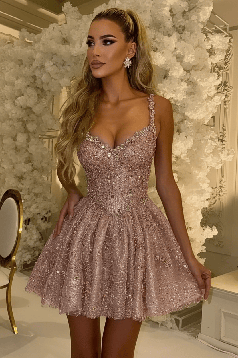 Mint Blue Crystal Rhinestone Beaded Corset Glitter Tulle A-Line Short Homecoming Dress with Pockets
