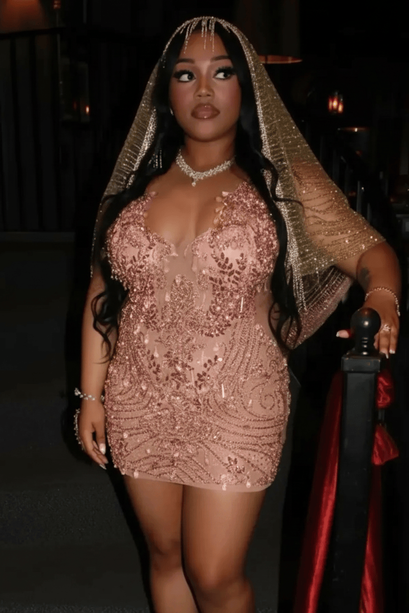 Gold Sequin Beaded Sheer Mini Homecoming Dress with Crystal Fringe Sleeves | Short Party Dress HC060