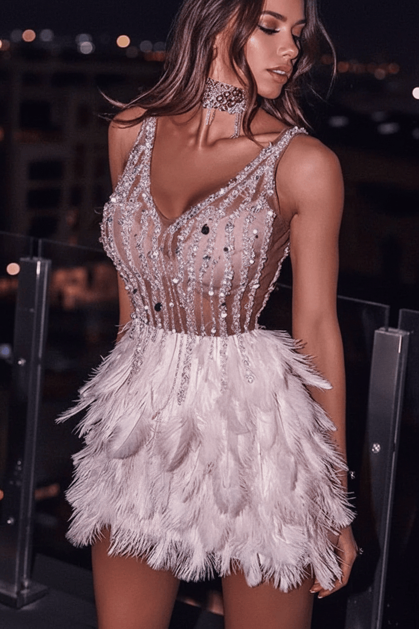 White Feather Crystal Beaded Mini Party Dress | Homecoming Dress HC042