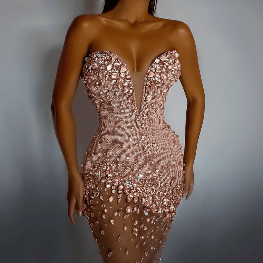 Silver Gemstone Encrusted Deep V Strapless Mini Party Dress | Homecoming Dress
