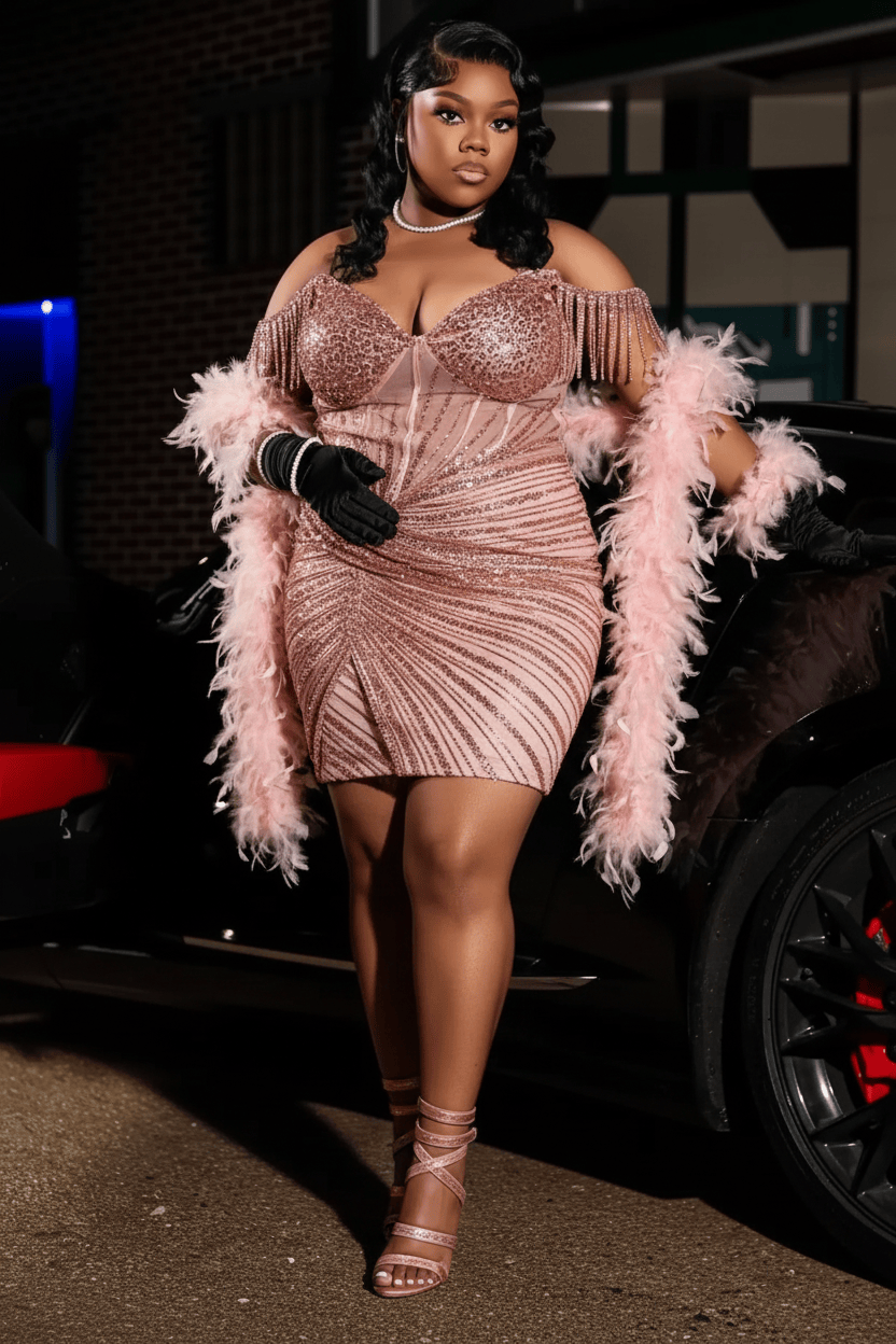 Black Crystal Fringe Off-Shoulder Corset Illusion Homecoming Mini Party Dress with Feather Boa & Opera Gloves