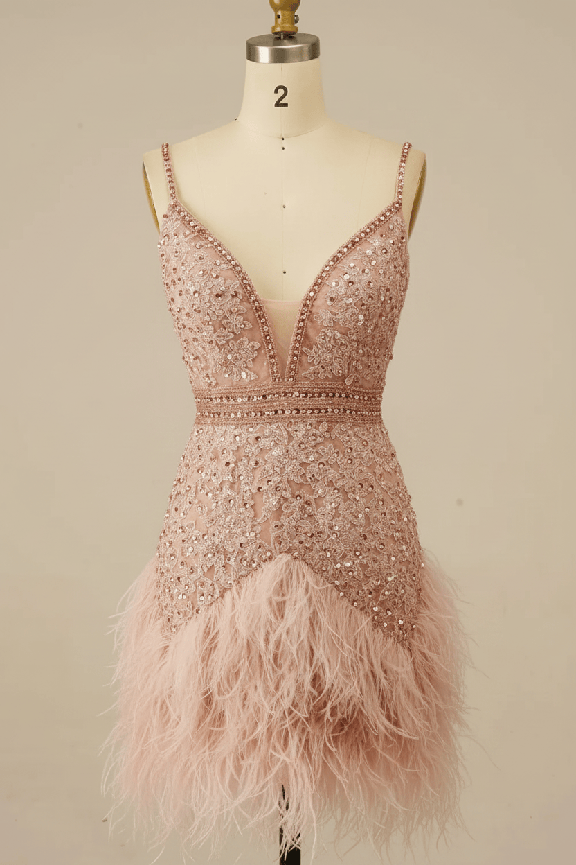 Sparkly White Lace Tight Short Floral Homecoming Dress with Feather