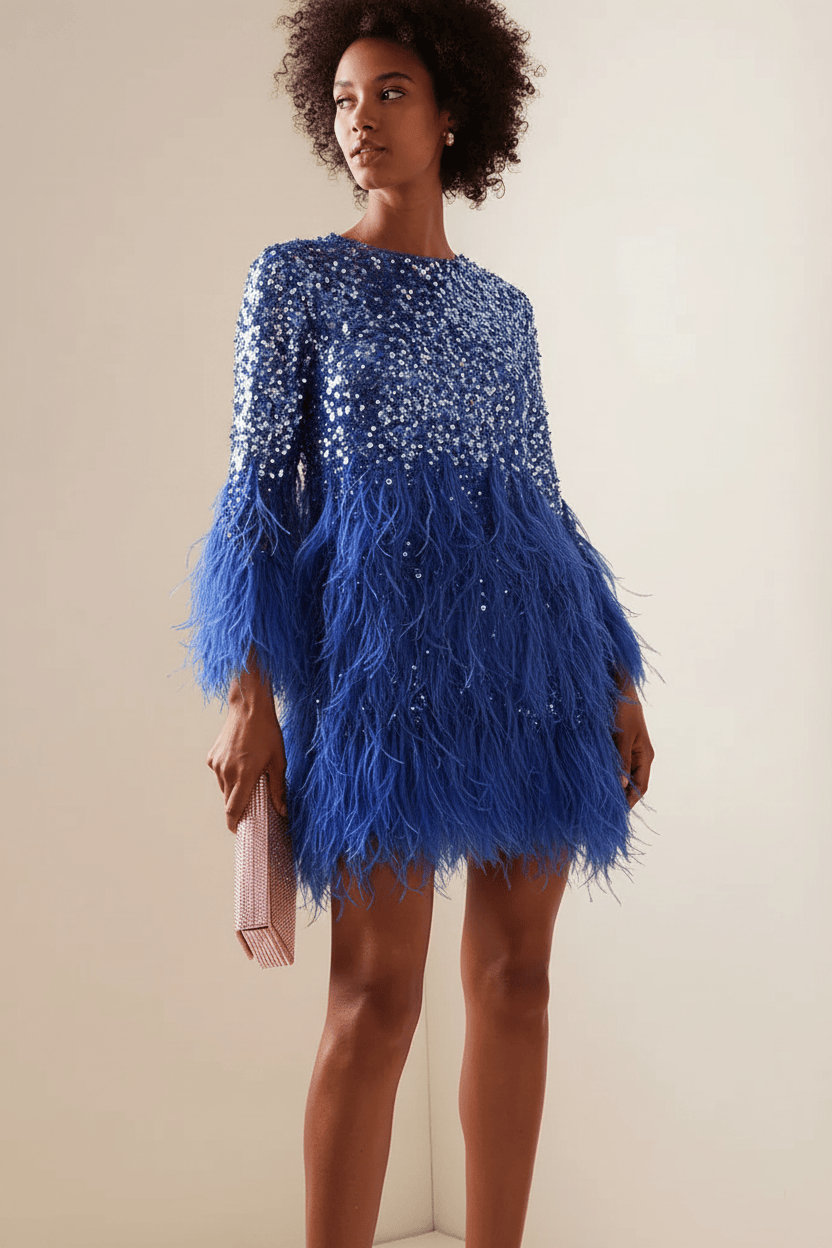 Champagne Feather Sequin Beaded Long Sleeve Mini Party Dress | Homecoming Dress HC043