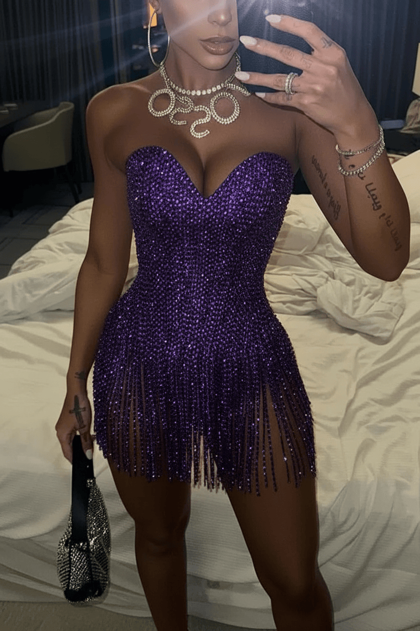 Rhinestone Fringe Strapless Mini Party Dress | Homecoming Mini Dress